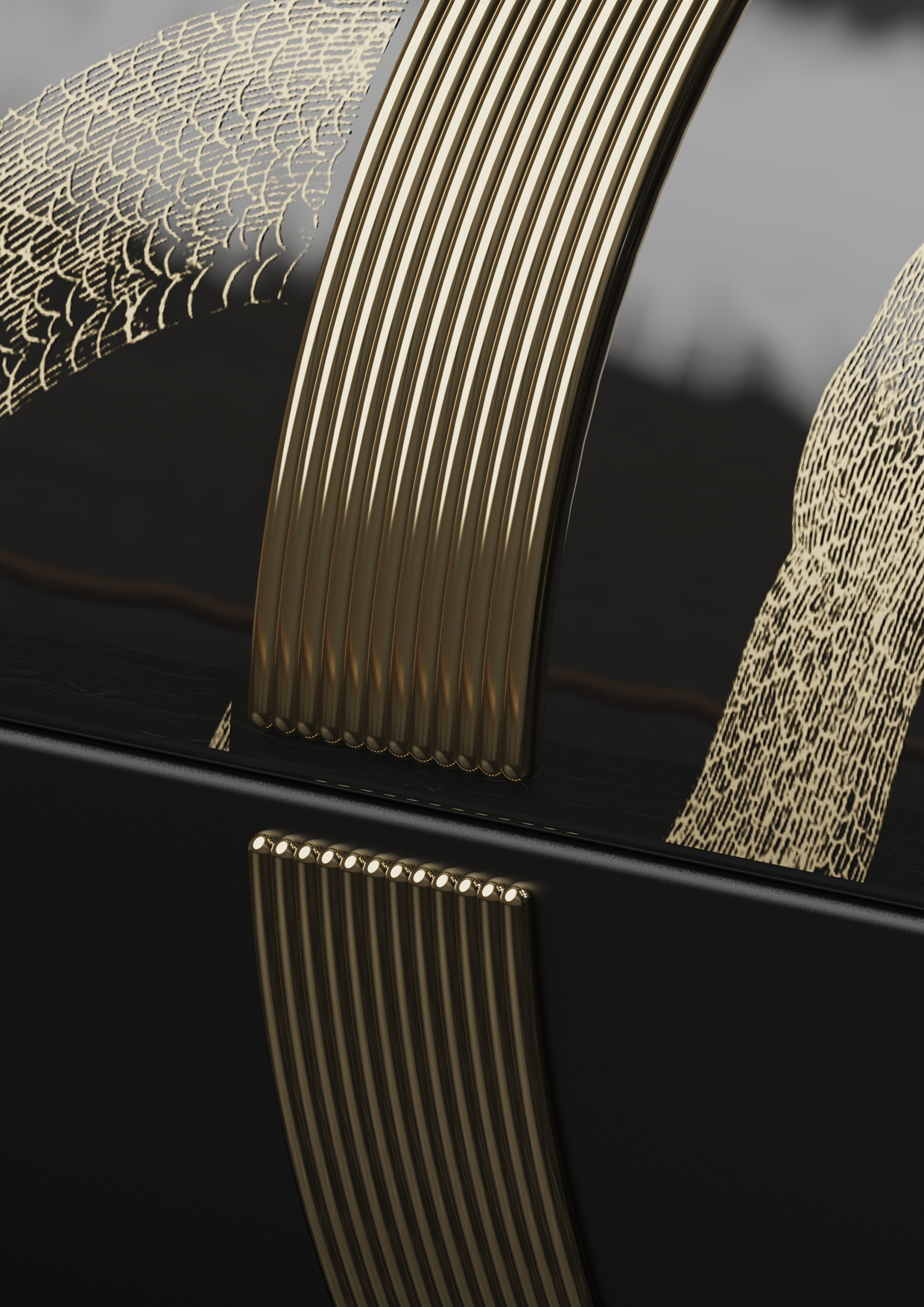 Abindatt-Ophiris-Nero-Decalcomania-Dettaglio Primo piano della fascia in lustro oro dell'urna cineraria Ophiris Abindatt, finitura ceramica lucida Nero Notte con decalcomania d'oro